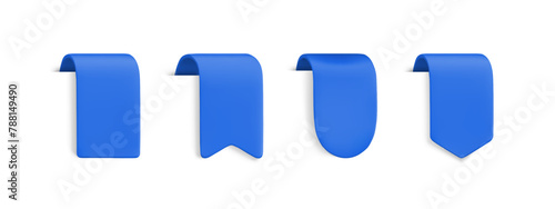 Vector Realistic 3d Blue Bookmarks set. Vintage design element, decorative ribbons sticker with shadow on white background. Cartoon 3d vertical ribbon tag for sale banner, price tag, label, game, app.