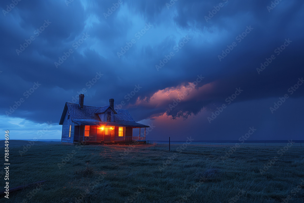 A photograph of an isolated farmhouse under the threat of a supercell, the dark sky and the hous