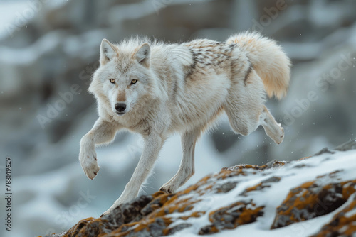 A photograph of a wolf leaping over a narrow crevasse, its powerful legs and agile body perfectly ad photo