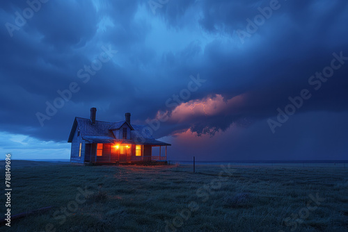 A photograph of an isolated farmhouse under the threat of a supercell, the dark sky and the hous