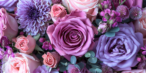 Purple and pink roses are arranged in a large bouquet  © Saim