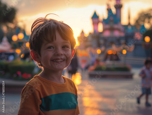 Little Boy Standing in Front of a Castle photo