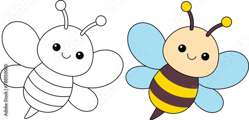 Cute kawaii cartoon character bee coloring page, vector printable worksheets for preschool.