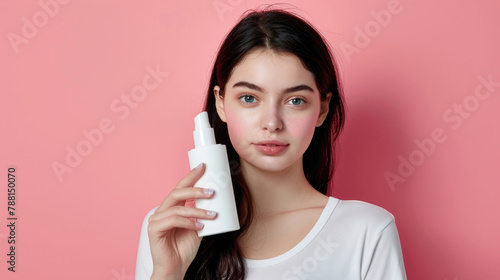 young beautiful girl with black hair and perfect smooth skin posing in front of the camera and holding a white cosmetic bottle mockup in pastel colored studio created with Generative AI Technology