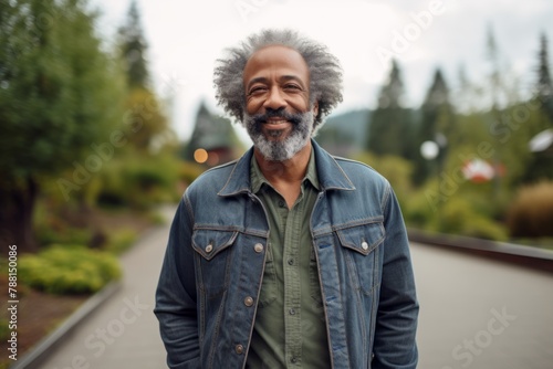 Portrait of a grinning afro-american man in his 60s sporting a rugged denim jacket in front of bright and cheerful park background