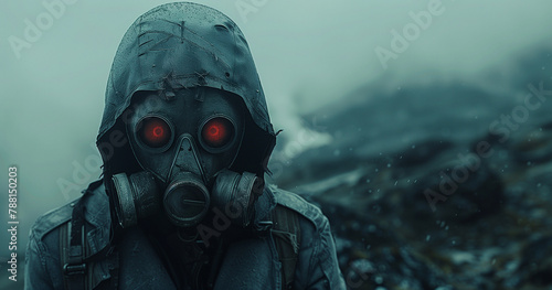 Man wearing a mask in post-apocalyptic style against a background of ruins