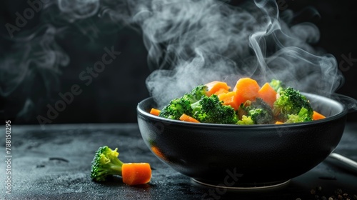 Steaming bowl of mixed vegetables with broccoli, carrots, and cauliflower.