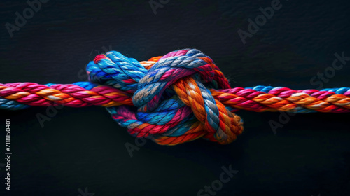 Knot, color and rope with unity, cooperation and collaboration on a dark studio background. Texture, teamwork and symbol for partnership, trust and solidarity with culture, help and icon with support