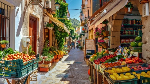 Colorful street market with fresh fruits and vegetables displayed in a quaint European alley