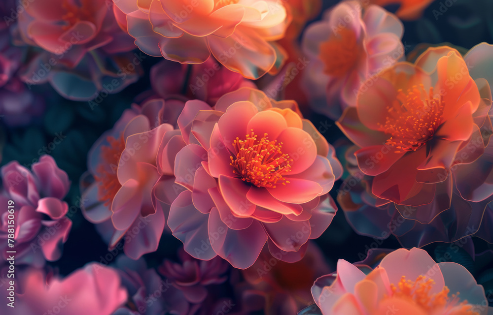 Abstract, tropical flowers or 3d wallpaper or graphic, plants with technology for cyberpunk. Digital, botanical or floral arrangement on dark background with orange, pink or red and futuristic