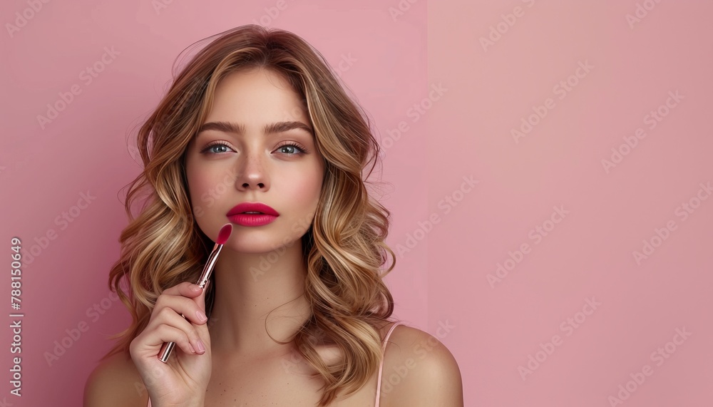 Blonde woman with curls holding makeup brush on pastel background, space for text Blonde woman with curls holding makeup brush on pastel background, space for text