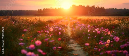 The dirt road landscape and lovely field of cosmos flowers during sunset.
