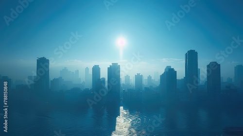 The silhouette of urban skyscrapers shimmering like a mirage in the distance. mirage, blue sky. Generative AI. photo