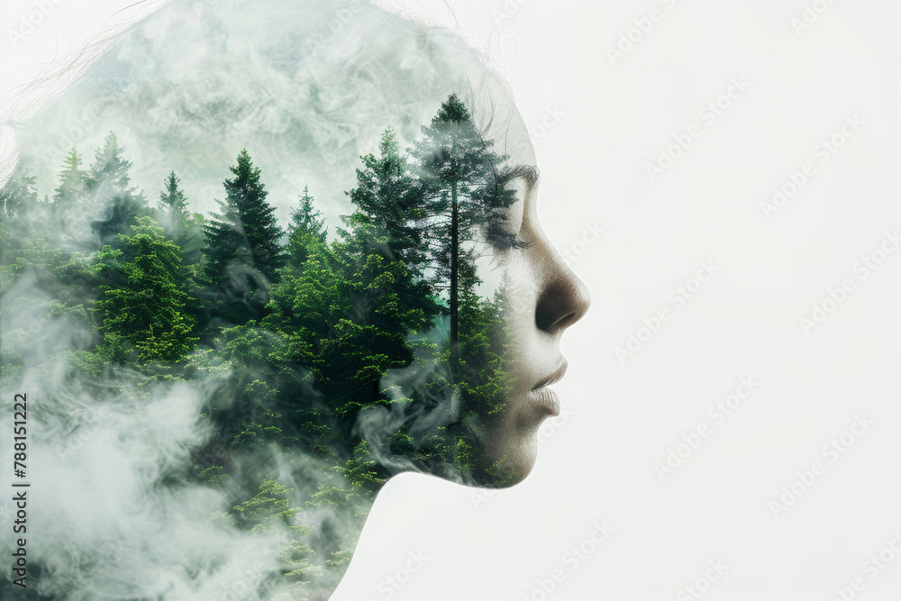 Woman, double exposure and forest with thinking on environment with sustainability, growth and trees. Person, headshot and profile with woods, eco friendly and peace in winter with care for nature Woman, double exposure and forest with thinking on environment with sustainability, growth and trees. Person, headshot and profile with woods, eco friendly and peace in winter with care for nature