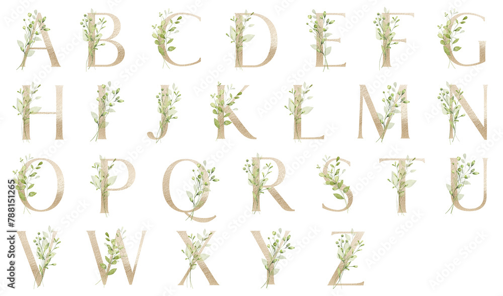 Fototapeta premium Floral alphabet, gold letters with watercolor leaves. Monogram initials perfectly for wedding invitations, greeting card, logo, poster and other. Holiday design hand painting.