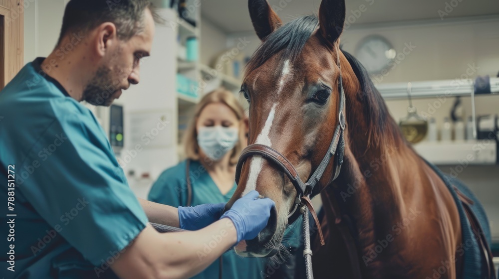 Veterinarian performing a check-up on a brown horse in a stable. Veterinary Day Veterinarian performing a check-up on a brown horse in a stable. Veterinary Day