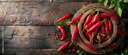 Abundant Harvest: Fresh Red Chili Peppers on Rustic Wood. Concept Food Photography, Spicy Ingredients, Farm Fresh, Rustic Backgrounds