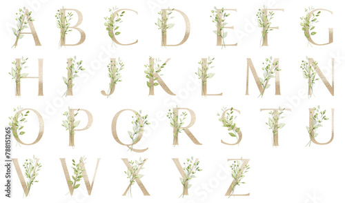 Floral alphabet, gold letters with watercolor leaves. Monogram initials perfectly for wedding invitations, greeting card, logo, poster and other. Holiday design hand painting.