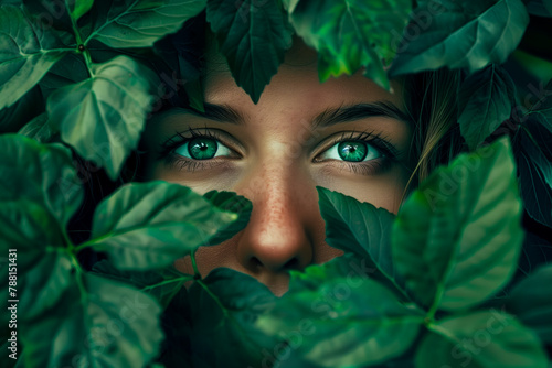 Face of a woman surrounded by green leaves. Piercing eyes and lush foliage
