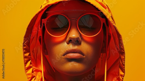 Portrait of a young woman wearing an orange raincoat and sunglasses with an orange background photo