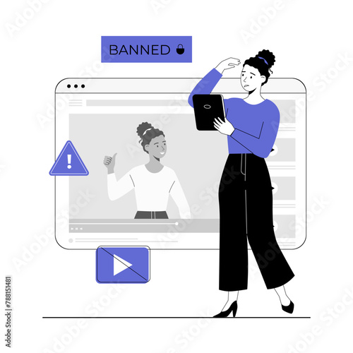 Blocking, banned user account on social media. Error, access is denied. Account safety and secure. Vector illustration with line people for web design.