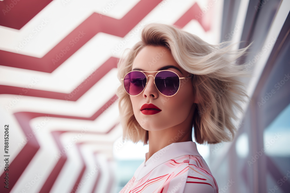 blonde woman wearing sunglasses and red lipstick stands in front of a ...
