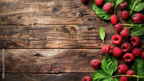 Fresh raspberries with green leaves on a rustic wooden background.