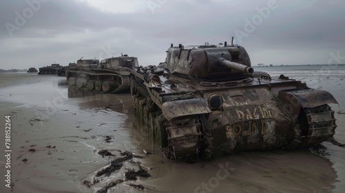 Abandoned military tanks on a muddy beach under overcast sky. D-Day Anniversary