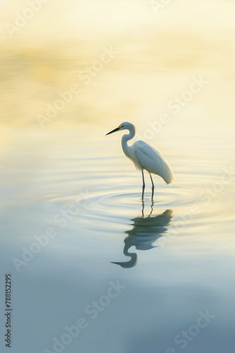 An egret stands in still waters against a golden sunset, reflecting serenity and the beauty of nature