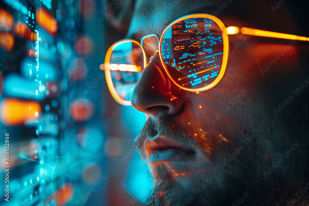 Man with Glasses Reflecting Cyber Data Streams Man with Glasses Reflecting Cyber Data Streams