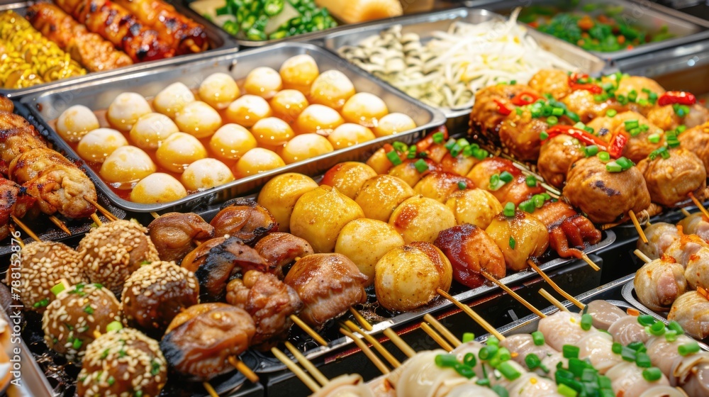 Assorted skewered street foods on display at a market stall.