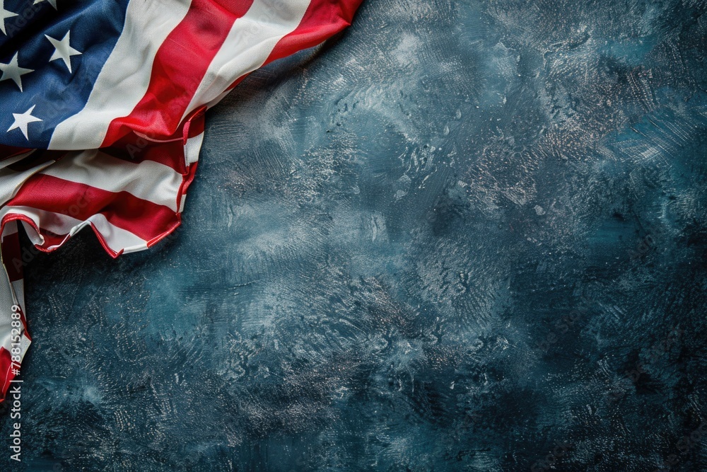 A vivid American flag gracefully spread across a textured rustic blue surface that adds depth and emotion to this patriotic display. Ideal for national celebrations. Generated AI - obrazy, fototapety, plakaty 