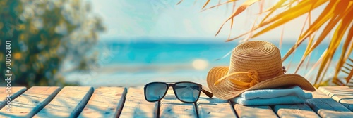A relaxing summer scene showing a straw hat, sunglasses, and towel on a wooden deck with a backdrop of the ocean and sky. Ideal for advertising leisure and travel businesses. Generated AI
