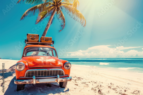 A vintage red car with roof luggage sits under a palm tree on an idyllic sandy beach, symbolizing adventure, leisure and travel. Generated AI