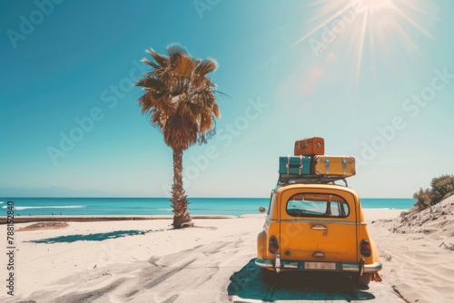 A vintage yellow car fully loaded with luggage parked under the sun near a palm tree with the ocean in the background, conveying a sense of summer travel and adventure. Generated AI photo