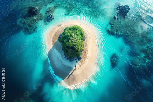 A man on a secluded uninhabited island, drone view photo