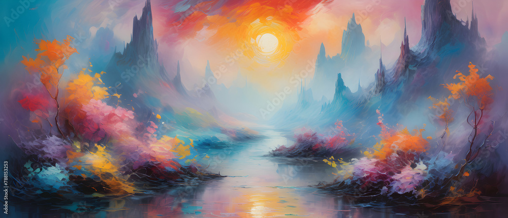 Abstract Colorful Mountain Landscape with River. Ethereal painting abstract background style