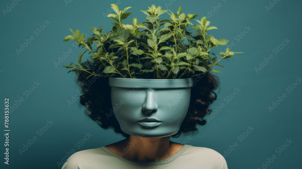 Contemporary, art and head of person with plant for mental health, nature and floral bloom. Studio, woman and pot on face with green leaves for growth, sustainability and creative abstract background