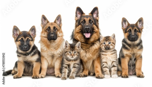 Diverse cats and dogs together in studio setting on white background with space for text © Eva