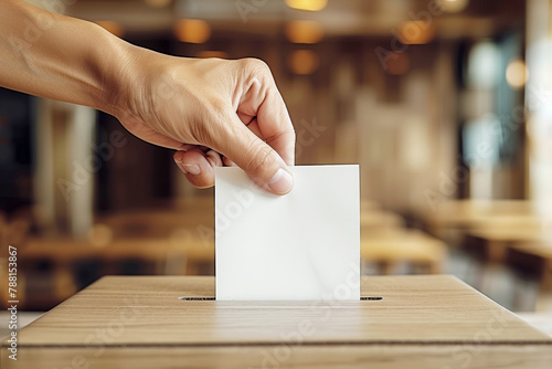 Hand putting a ballot paper into a ballot box, elections, poll, election process photo