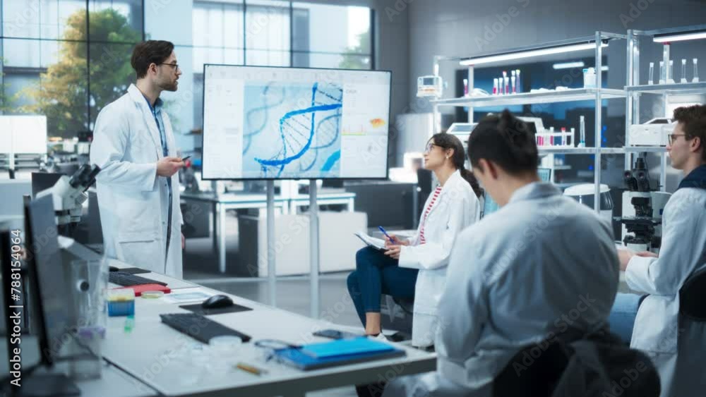 Head of Laboratory Making a Bioengineering Lecture for a Group of Young Science College Students. Promising Female Student Asking Teacher a Question About a DNA Gene Editing Process Head of Laboratory Making a Bioengineering Lecture for a Group of Young Science College Students. Promising Female Student Asking Teacher a Question About a DNA Gene Editing Process