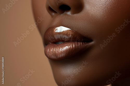 Close up of lips of african american woman woman with beautiful. Glossy lips close up isolated on beige background with space for text or inscriptions
