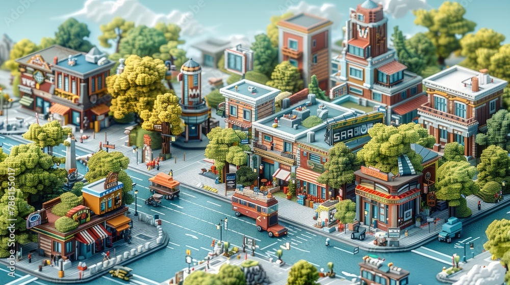 An high angle view of an isometric map illustration of a city shopping district full of small stores. Generative AI. An high angle view of an isometric map illustration of a city shopping district full of small stores. Generative AI.