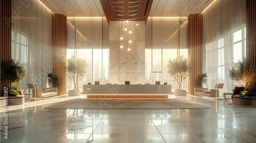 Modern hotel lobby, front desk centered in the middle of the room with large windows behind it and a hanging light feature above. Generative AI.