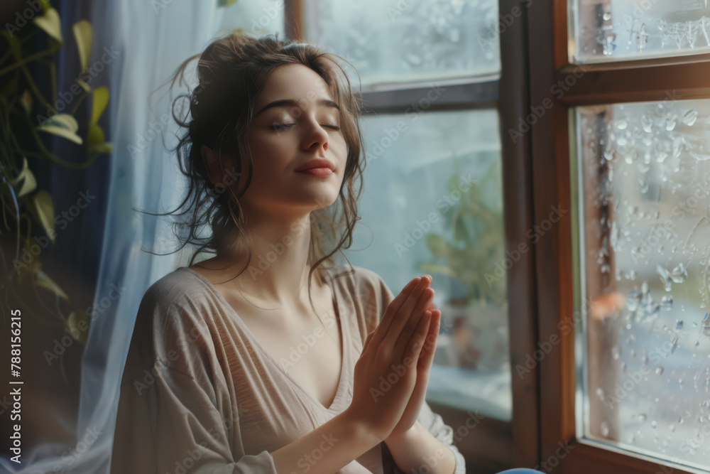Young woman sitting near the window and meditating with her eyes closed