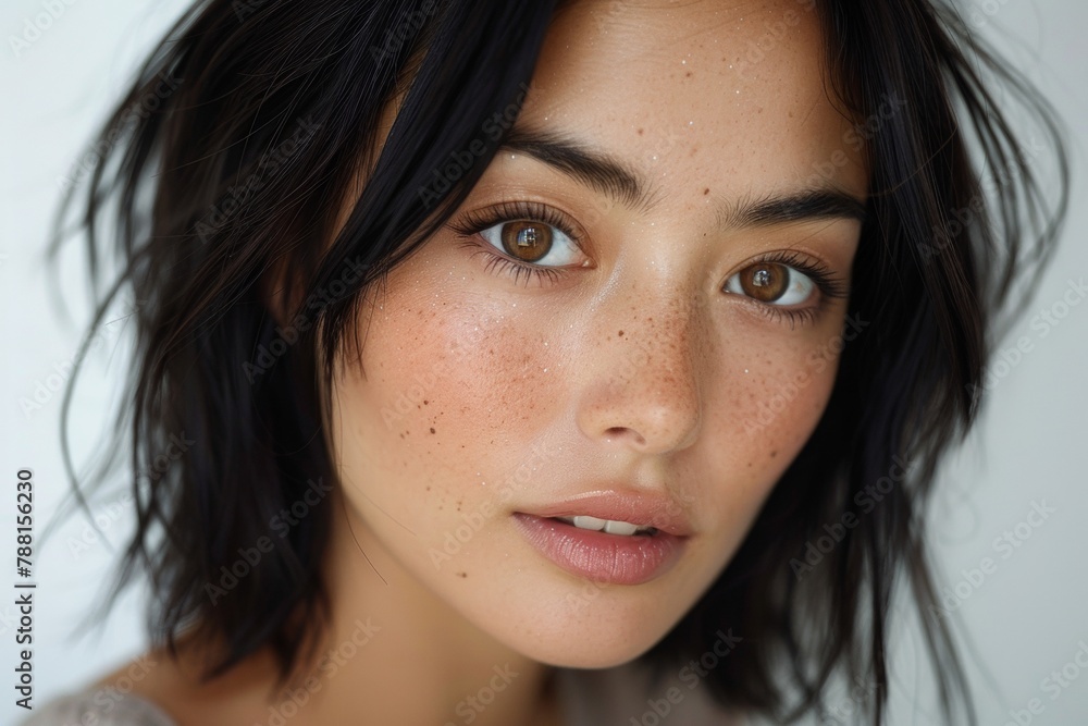 Close up of beautiful young asian race woman model with black square hairstyle looking at camera Close up of beautiful young asian race woman model with black square hairstyle looking at camera