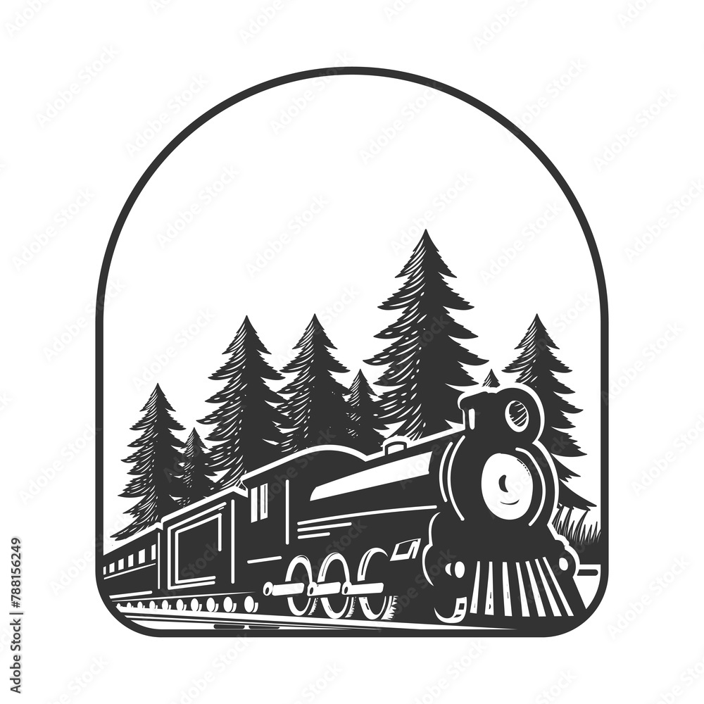 Vintage Old Steam Locomotive Train with Pine Cedar Evergreen Trees Forest Illustration Vector