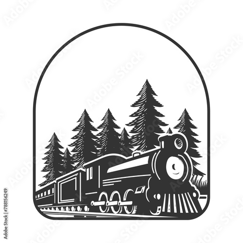 Vintage Old Steam Locomotive Train with Pine Cedar Evergreen Trees Forest Illustration Vector