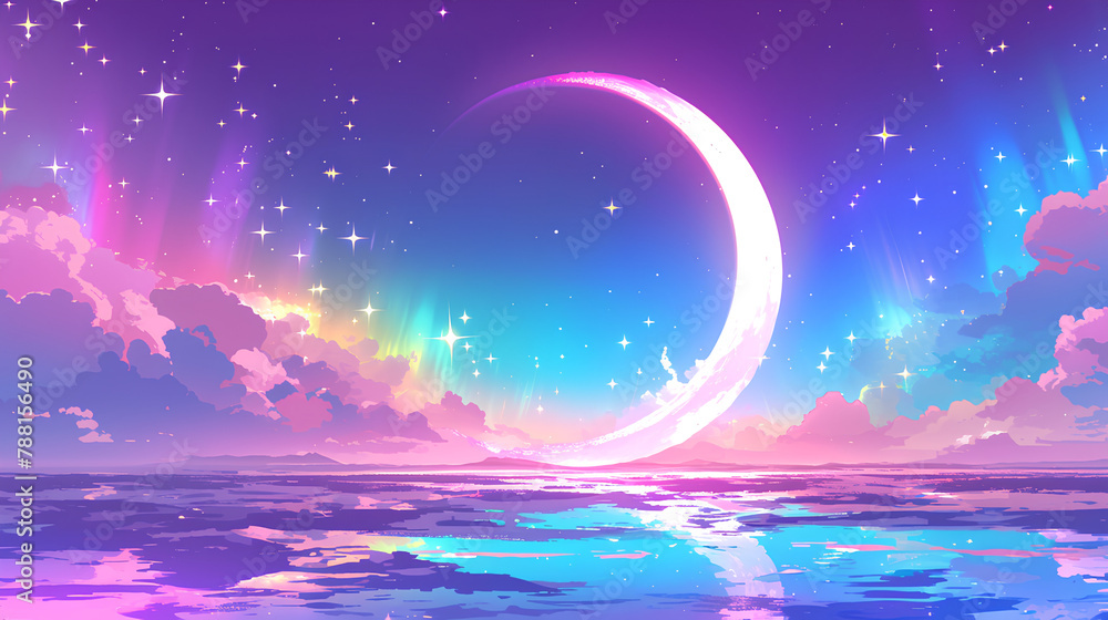 Crescent moon. illustration of a bright moon highlighting the night starry sky