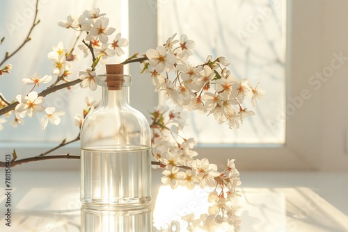 Blooming spring branch near a bottle of perfume